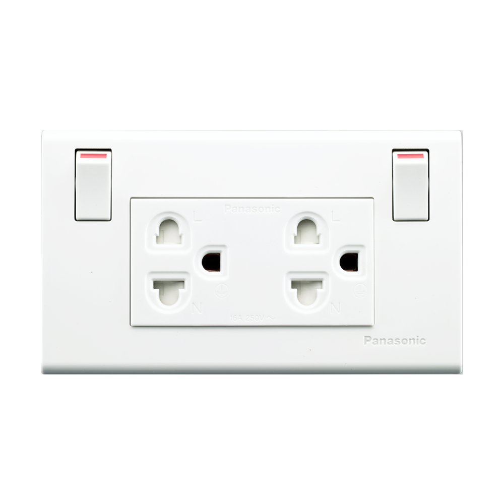 เต้ารับกราวด์คู่มีม่าน 2สวิทซ์ควบคุม Panasonic WEGP1282 สีขาว